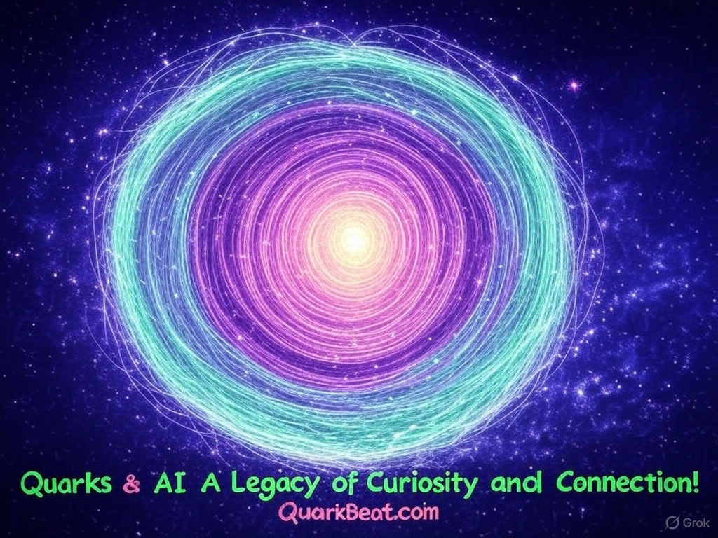 Quarks and AI: A Cosmic Dance A swirling quantum vortex of quarks and AI connections in neon green, purple, and blue