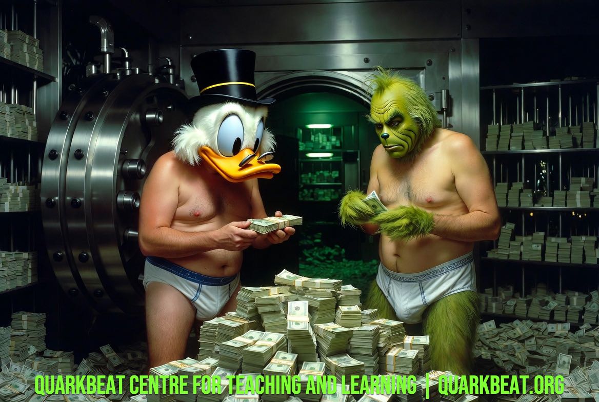 Grinch and Scrooge counting money – satirical nod to funded perks